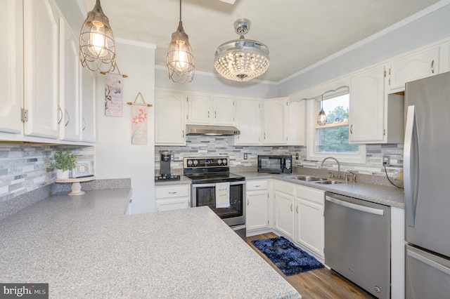 1267 Dominion Rd, Gerrardstown, WV 25420 - kitchen with stainless steel appliances, a sink, under cabinet range hood, decorative backsplash, and crown molding