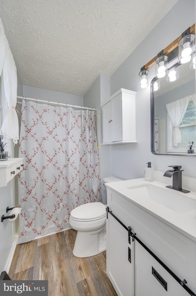 1267 Dominion Rd, Gerrardstown, WV 25420 - bathroom featuring wood finished floors, vanity, toilet, a textured ceiling, and a shower with shower curtain