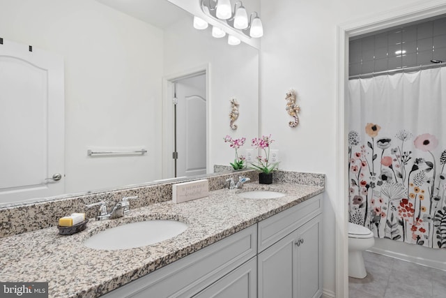 20093 Old Salt Ln, Frankford, DE 19945 - full bathroom featuring double vanity, tile patterned floors, toilet, and a shower with shower curtain