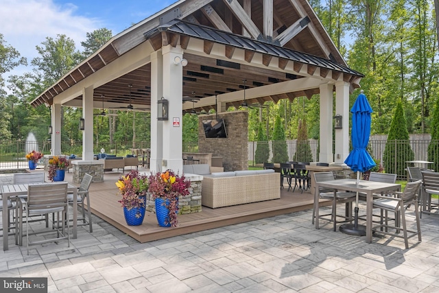 20093 Old Salt Ln, Frankford, DE 19945 - view of patio with a gazebo, outdoor dining area, an outdoor living space, a deck, and ceiling fan