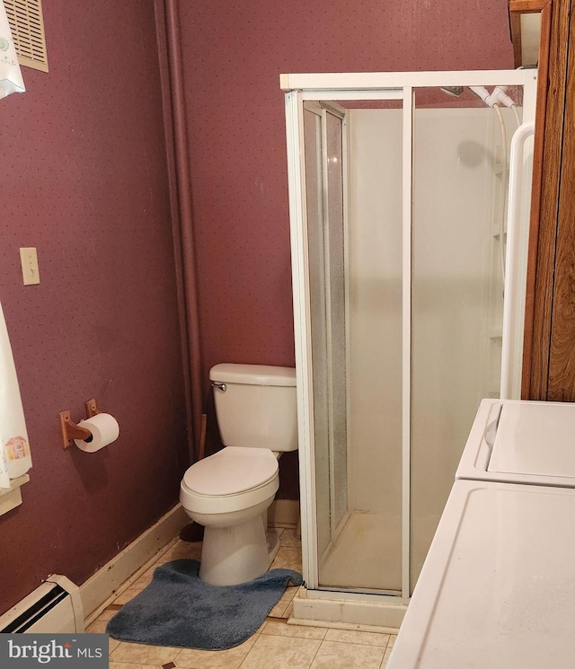 528 N State St, Ephrata, PA 17522 - full bath with a baseboard radiator, toilet, a shower stall, tile patterned floors, and washer / dryer