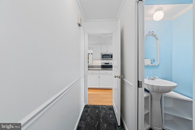 530 Anneslie Rd, Baltimore, MD 21212 - hall featuring ornamental molding and dark marble finish flooring