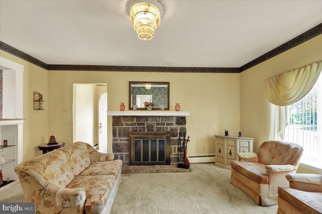1807 King St, Reading, PA 19605 - carpeted living room featuring a baseboard radiator, a fireplace, a chandelier, and ornamental molding