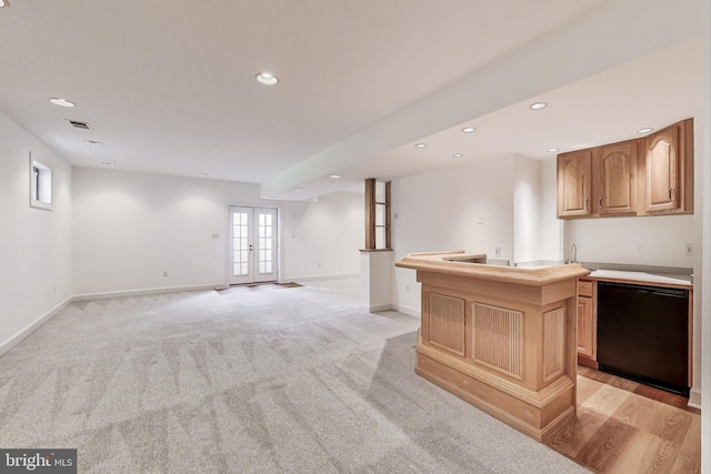 10106 Waterside Dr, Burke, VA 22015 - kitchen featuring black dishwasher, recessed lighting, baseboards, french doors, and light colored carpet
