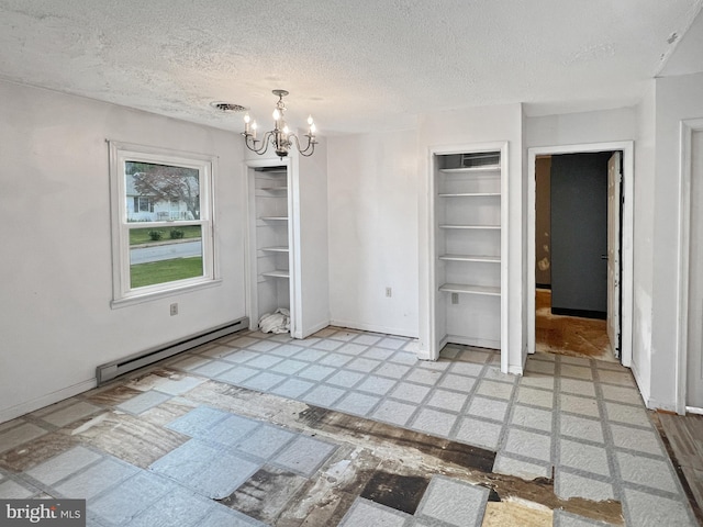 178 Fulton Ave, Charles Town, WV 25414 - unfurnished dining area with a baseboard heating unit, a chandelier, light floors, a textured ceiling, and baseboards