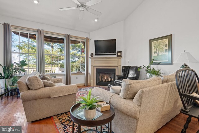 66 Farmview Ln, Lititz, PA 17543 - living area with vaulted ceiling, a ceiling fan, healthy amount of natural light, a lit fireplace, and wood-type flooring