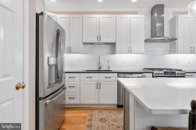 285 Cherry Ln, Kennett Square, PA 19348 - kitchen with appliances with stainless steel finishes, wall chimney range hood, a sink, light wood-style floors, and decorative backsplash