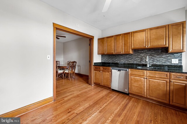 434 Elrino St, Baltimore, MD 21224 - kitchen featuring stainless steel dishwasher, a ceiling fan, brown cabinetry, and light wood-style floors