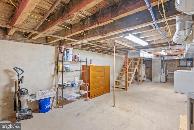 154 Mercy St, Philadelphia, PA 19148 - unfinished below grade area with washer / dryer, stairway, gas water heater, and heating unit