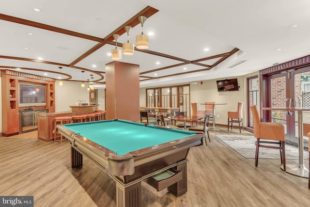 1391 Pennsylvania Ave SE Unit 348, Washington, DC 20003 - recreation room featuring wet bar, light wood-style floors, baseboards, billiards table, and coffered ceiling