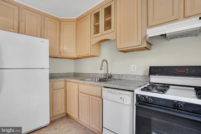 6517 Potomac Ave Unit A2, Alexandria, VA 22307 - kitchen with white appliances, under cabinet range hood, a sink, light brown cabinetry, and glass insert cabinets