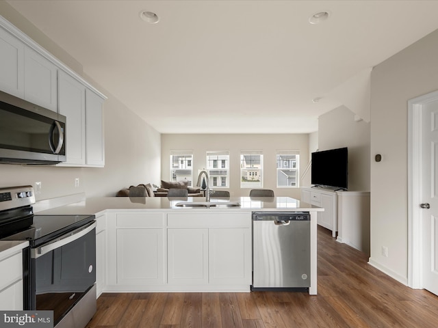 113 Heyford Dr, Stephenson, VA 22656 - kitchen featuring stainless steel appliances, open floor plan, a peninsula, a sink, and white cabinets