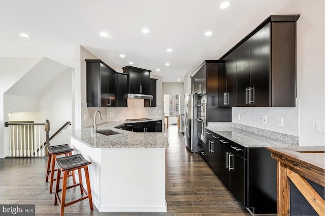 22635 Naugatuck Sq, Ashburn, VA 20148 - kitchen with a sink, dark cabinetry, appliances with stainless steel finishes, under cabinet range hood, and a peninsula