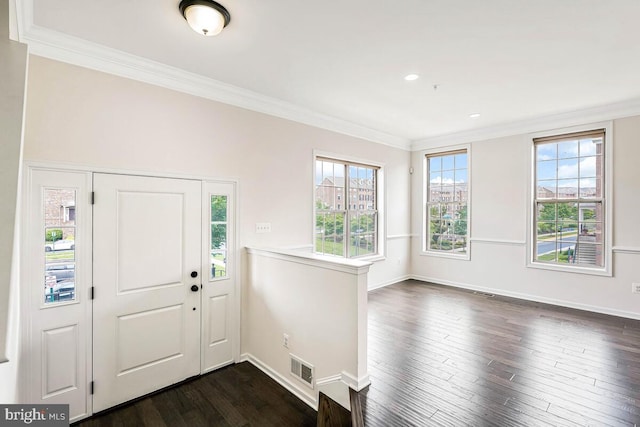 22635 Naugatuck Sq, Ashburn, VA 20148 - entryway featuring crown molding, dark wood-style flooring, baseboards, and recessed lighting