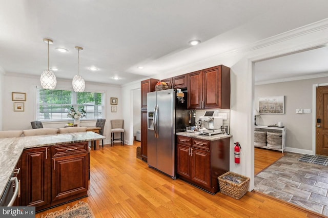 2218 Oakwood Ln, Atco, NJ 08004 - kitchen featuring stainless steel fridge, ornamental molding, decorative light fixtures, recessed lighting, and light stone countertops