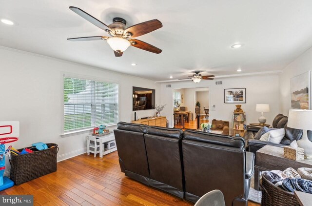 2218 Oakwood Ln, Atco, NJ 08004 - living room featuring ceiling fan, wood-type flooring, recessed lighting, ornamental molding, and baseboards