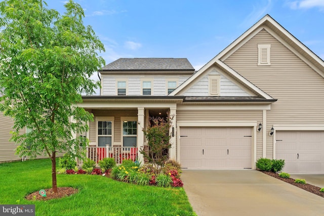 6411 Tulip Ter, Haymarket, VA 20169 - view of front of property with covered porch, a front lawn, concrete driveway, a garage, and a shingled roof