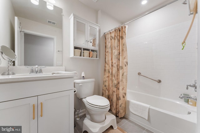 6411 Tulip Ter, Haymarket, VA 20169 - bathroom with toilet, shower / bathtub combination with curtain, vanity, and tile patterned flooring