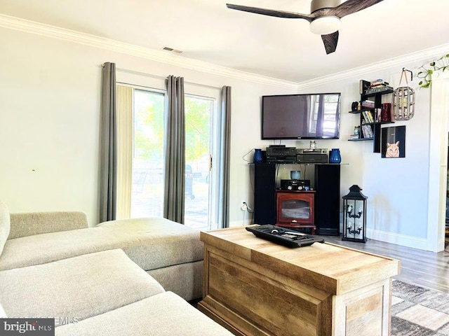 159 Harwich St, Browns Mills, NJ 08015 - living room with a ceiling fan, wood finished floors, ornamental molding, and baseboards