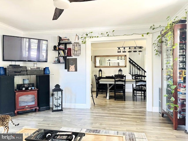 159 Harwich St, Browns Mills, NJ 08015 - living room with wood finished floors, baseboards, crown molding, stairway, and a ceiling fan