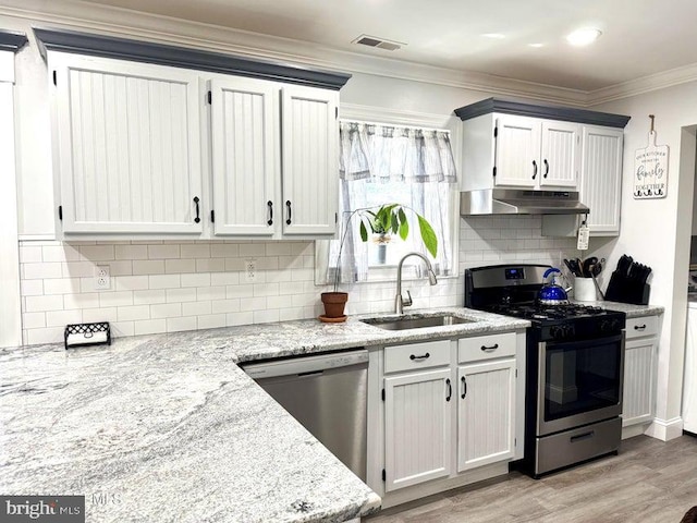159 Harwich St, Browns Mills, NJ 08015 - kitchen featuring appliances with stainless steel finishes, a sink, under cabinet range hood, light wood-style flooring, and decorative backsplash