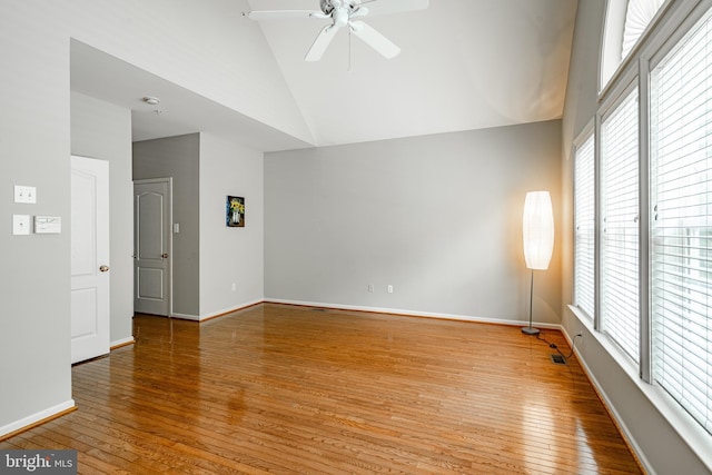 256 Silverbell Ct, West Chester, PA 19380 - unfurnished room featuring a ceiling fan, light wood-type flooring, healthy amount of natural light, high vaulted ceiling, and baseboards