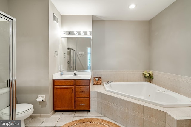 256 Silverbell Ct, West Chester, PA 19380 - bathroom featuring toilet, vanity, a whirlpool tub, tile patterned flooring, and a stall shower