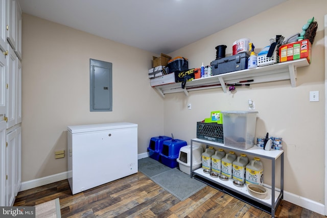 94 Eagle Ct, Woodstock, VA 22664 - laundry room with electric panel, wood finished floors, and baseboards
