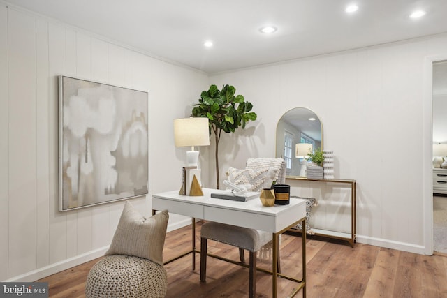 12834 Littleton St, Silver Spring, MD 20906 - home office featuring wood finished floors, crown molding, arched walkways, baseboards, and recessed lighting