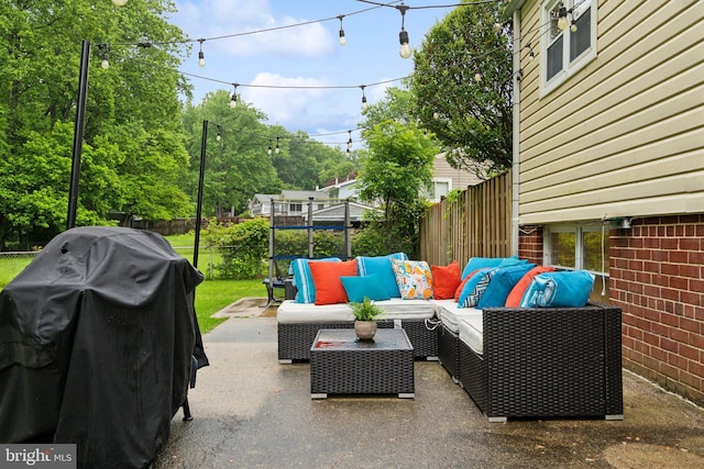 12834 Littleton St, Silver Spring, MD 20906 - fenced backyard with an outdoor living space, a grill, and a patio