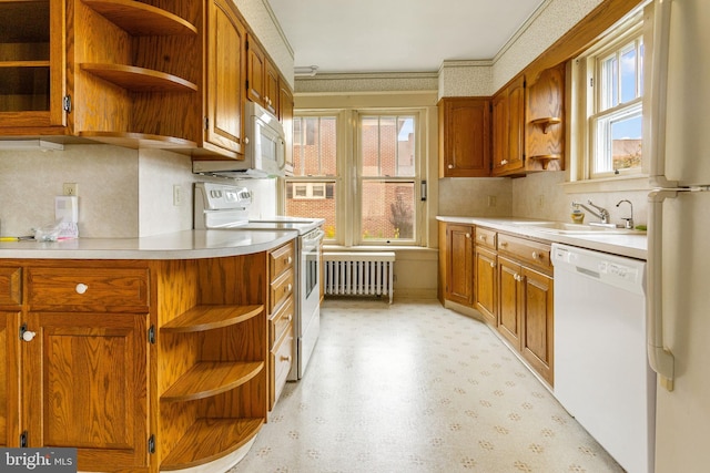 837 Broadway, Hanover, PA 17331 - kitchen with open shelves, white appliances, radiator heating unit, a sink, and plenty of natural light