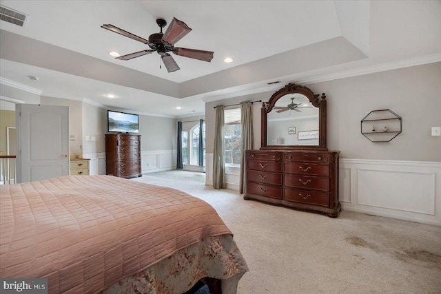 738 Farmhouse Rd, Mickleton, NJ 08056 - bedroom with ornamental molding, a decorative wall, wainscoting, light colored carpet, and recessed lighting