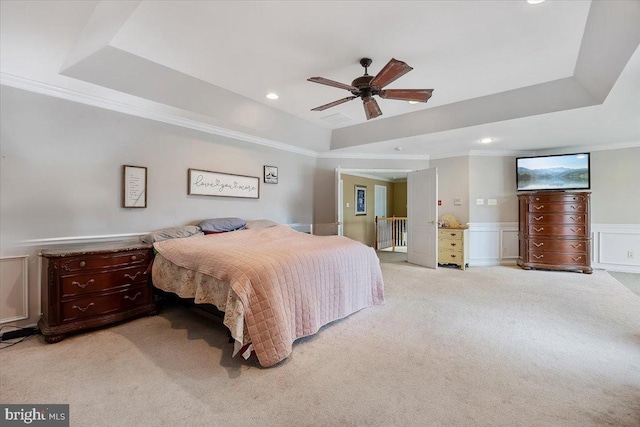 738 Farmhouse Rd, Mickleton, NJ 08056 - bedroom with light carpet, ornamental molding, a tray ceiling, a wainscoted wall, and recessed lighting