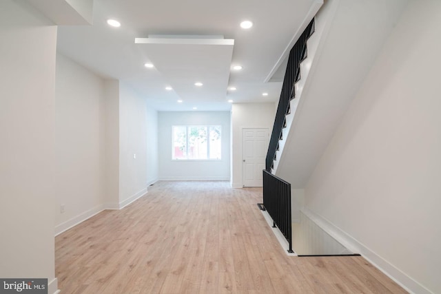1606 Wharton St, Philadelphia, PA 19146 - corridor with light wood-type flooring, baseboards, stairs, and recessed lighting