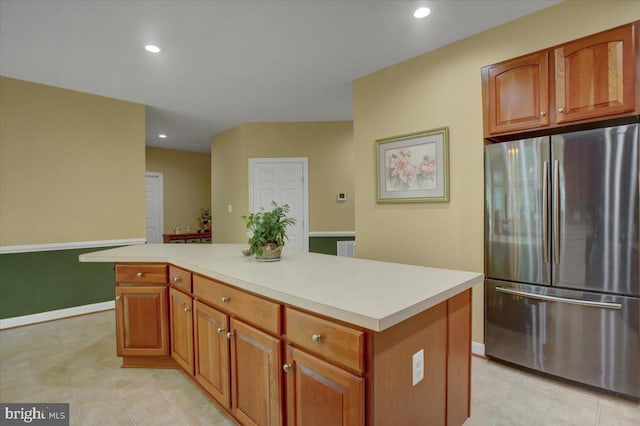 10526 Jasper Dr S, Greencastle, PA 17225 - kitchen with freestanding refrigerator, light countertops, recessed lighting, a center island, and baseboards