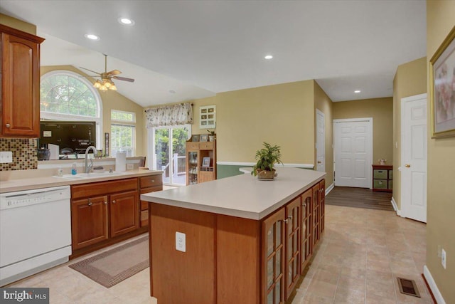 10526 Jasper Dr S, Greencastle, PA 17225 - kitchen featuring white dishwasher, a sink, a ceiling fan, light countertops, and recessed lighting