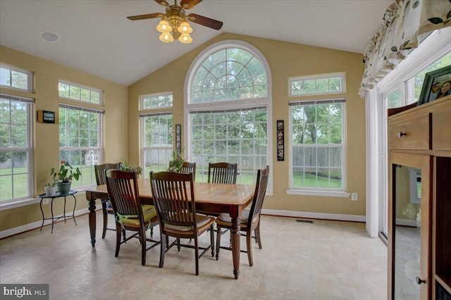10526 Jasper Dr S, Greencastle, PA 17225 - dining area with vaulted ceiling, baseboards, and a ceiling fan