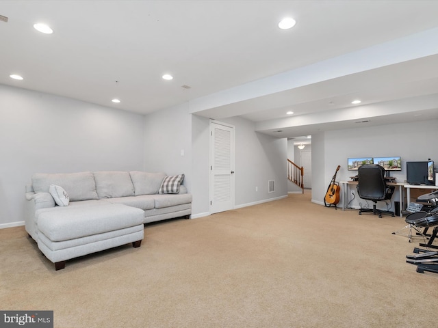 6888 Tasker Fls, Elkridge, MD 21075 - living room featuring recessed lighting, carpet floors, a desk, and stairs