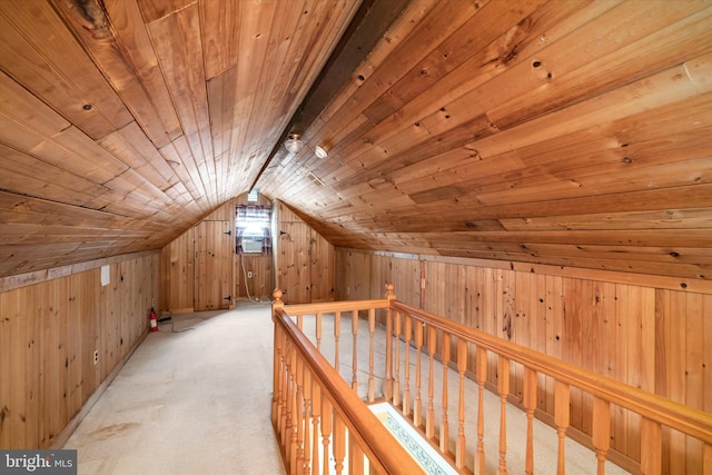 41 Collins Rd, Hamilton, NJ 08619 - additional living space with wood walls, wooden ceiling, lofted ceiling, and light carpet