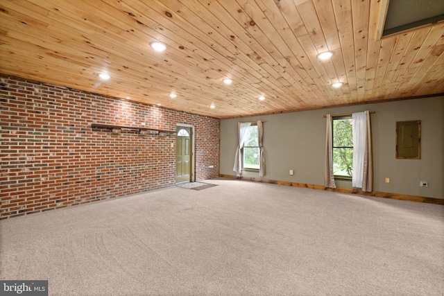 98 Magnificent Ln, Hedgesville, WV 25427 - unfurnished room with brick wall, carpet, wooden ceiling, recessed lighting, and electric panel