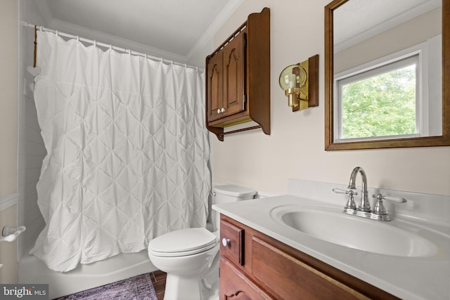 98 Magnificent Ln, Hedgesville, WV 25427 - bathroom featuring crown molding, toilet, vanity, and shower / tub combo with curtain