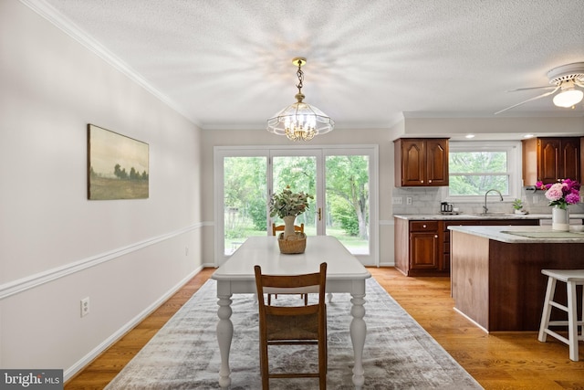 98 Magnificent Ln, Hedgesville, WV 25427 - dining room featuring a chandelier, light wood-style floors, a textured ceiling, crown molding, and ceiling fan