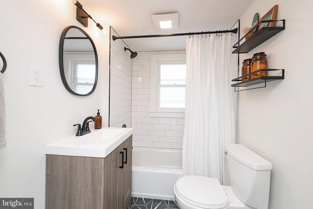 7 High St, Phoenixville, PA 19460 - bathroom featuring toilet, shower / bath combo, vanity, and tile patterned floors