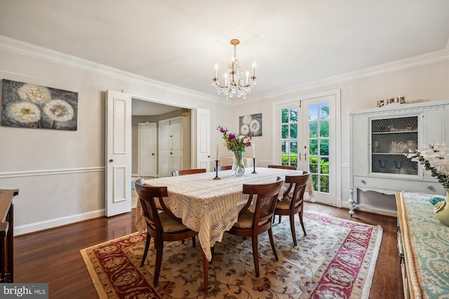 7600 Charleston Dr, Bethesda, MD 20817 - dining area featuring a chandelier, ornamental molding, dark wood-style flooring, and french doors