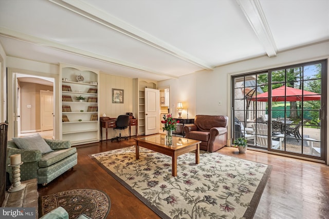 7600 Charleston Dr, Bethesda, MD 20817 - living area featuring beam ceiling, wood finished floors, and arched walkways