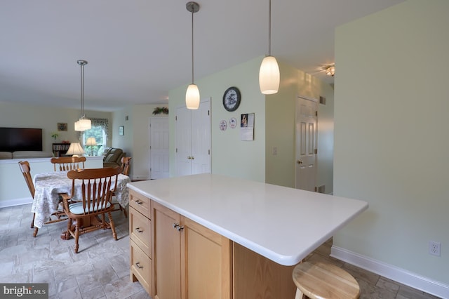 1350 Hyde Park Dr, Lancaster, PA 17601 - kitchen featuring open floor plan, light countertops, light stone finish floors, and pendant lighting