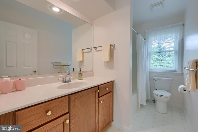 1350 Hyde Park Dr, Lancaster, PA 17601 - bathroom featuring vanity, toilet, baseboards, shower / bathtub combination with curtain, and tile patterned floors