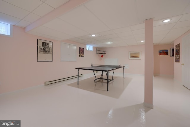 1350 Hyde Park Dr, Lancaster, PA 17601 - rec room featuring a baseboard radiator, a drop ceiling, and recessed lighting