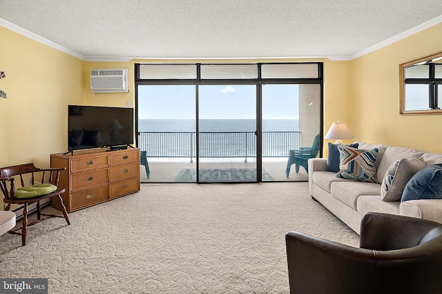 11400 Coastal Hwy Unit 8G, Ocean City, MD 21842 - living area featuring carpet flooring, a textured ceiling, crown molding, a wall unit AC, and expansive windows
