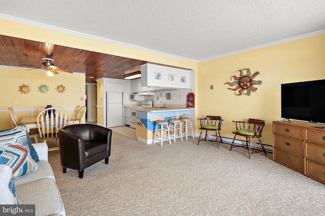 11400 Coastal Hwy Unit 8G, Ocean City, MD 21842 - living room featuring ornamental molding, light carpet, a textured ceiling, ceiling fan, and a baseboard radiator